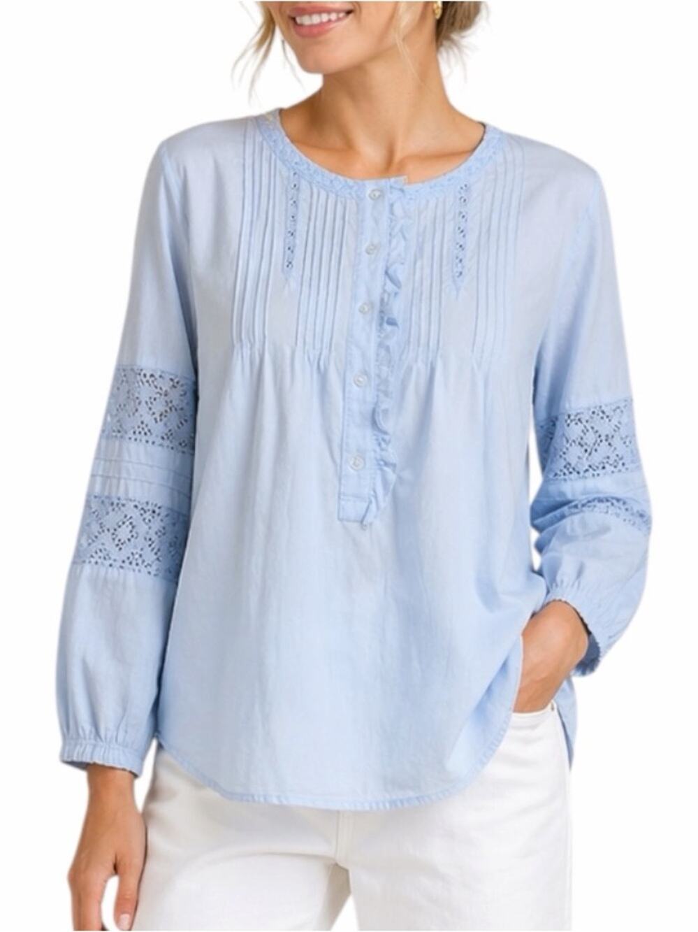 Blue Peasant Blouse XL Pintuck Crochet Lace 100% Cotton Boho Top Relaxed Fit